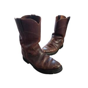 Justin pull on leather brown round toe cowboy boots western work boots mens 8